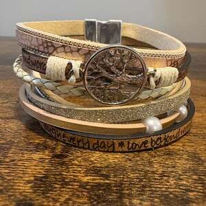 Inspirational Tree of Life Layered Leather Boho Cuff Bracelet with Pearls and Ma